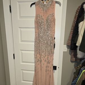 Elegant Beaded Gown in Blush and Silver